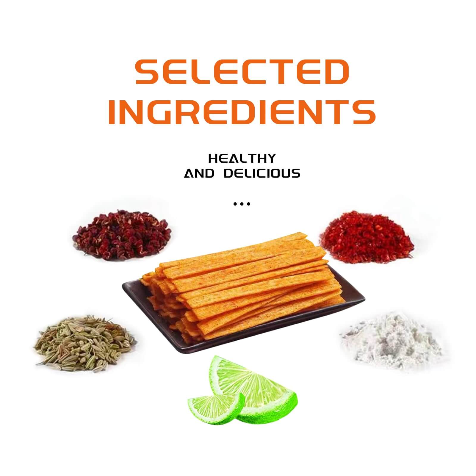 Selected ingredients for Chinese Spicy Latiao Gluten Strips, featuring spices and lime.