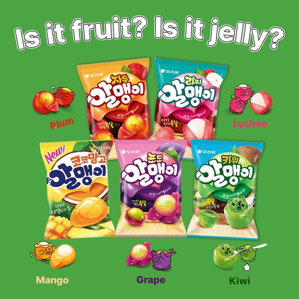 Korean Fruit Jelly Candy – Assorted Chewy Gummy Snacks – 5 Fruity Flavors (Grape, Plum, Lychee, Kiwi, Mango) – Individually Wrapped – Perfect for Kids & Adults – 알맹이젤리 (5 Flavor Mix–2.4oz(67g) × 5pack) - Collins Global Snack Store