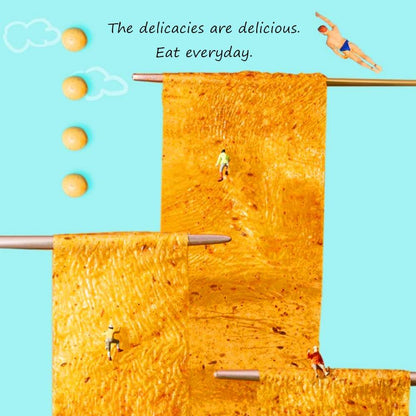 Chinese Spicy Latiao Gluten Strips displayed creatively with colorful visuals and playful characters.