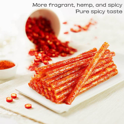 Delicious Chinese Spicy Latiao Gluten Strips with red chili pepper coating and pure spicy taste.