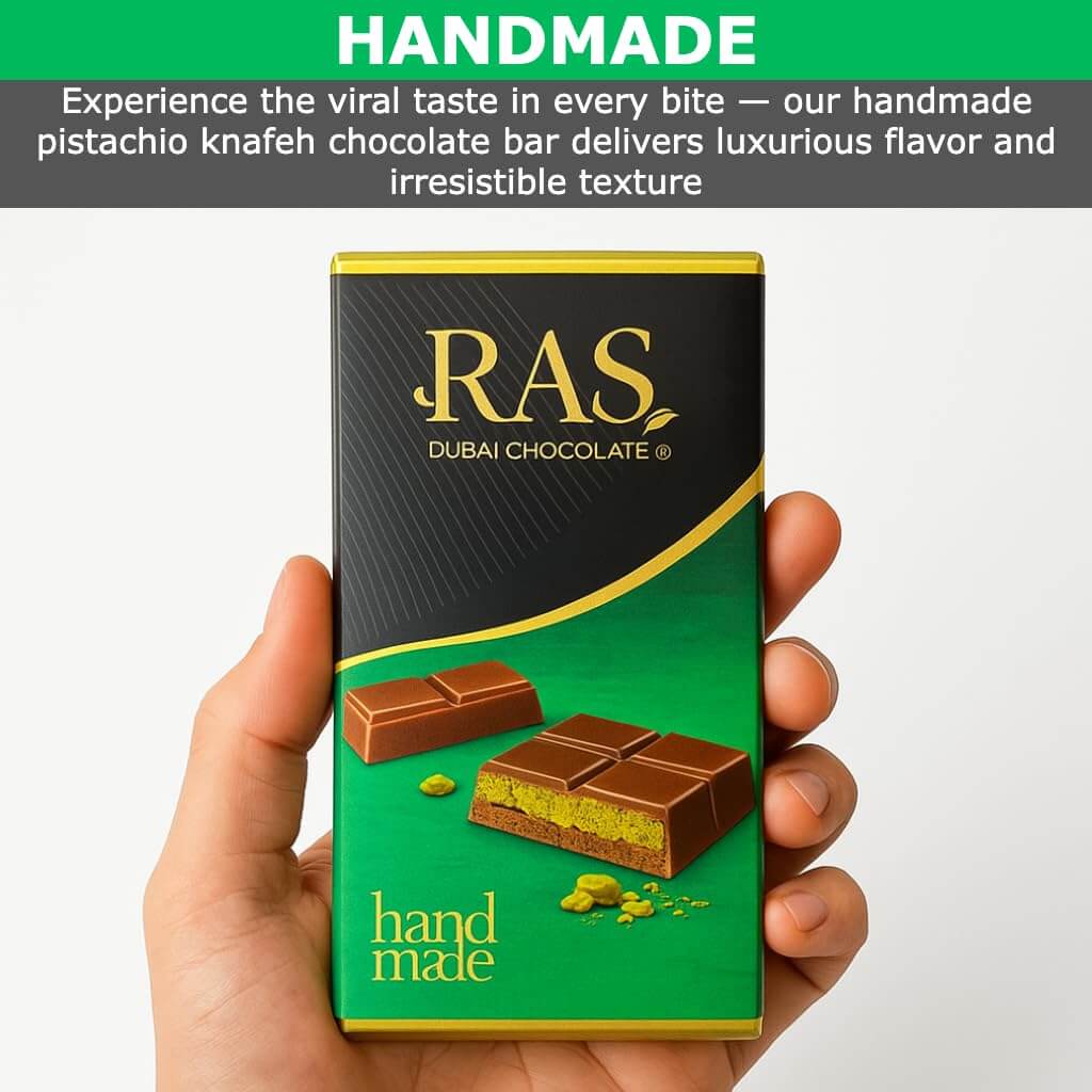 Viral Dubai Chocolate Bar Pistachio – Handmade with Pistachio Cream & Crunchy Kataifi in Belgian Milk Chocolate – Luxury Middle Eastern Knafeh-Inspired Chocolate perfect for Gift, Individually Wrapped, Halal, 95g - Collins Global Snack Store