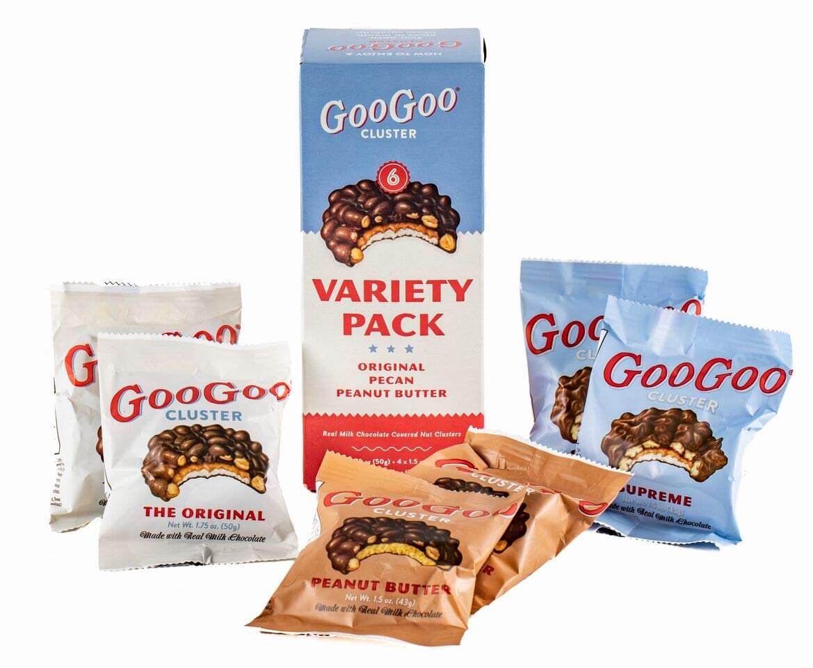 GooGoo Clusters Variety Pack featuring Original, Pecan, and Peanut Butter candy bars