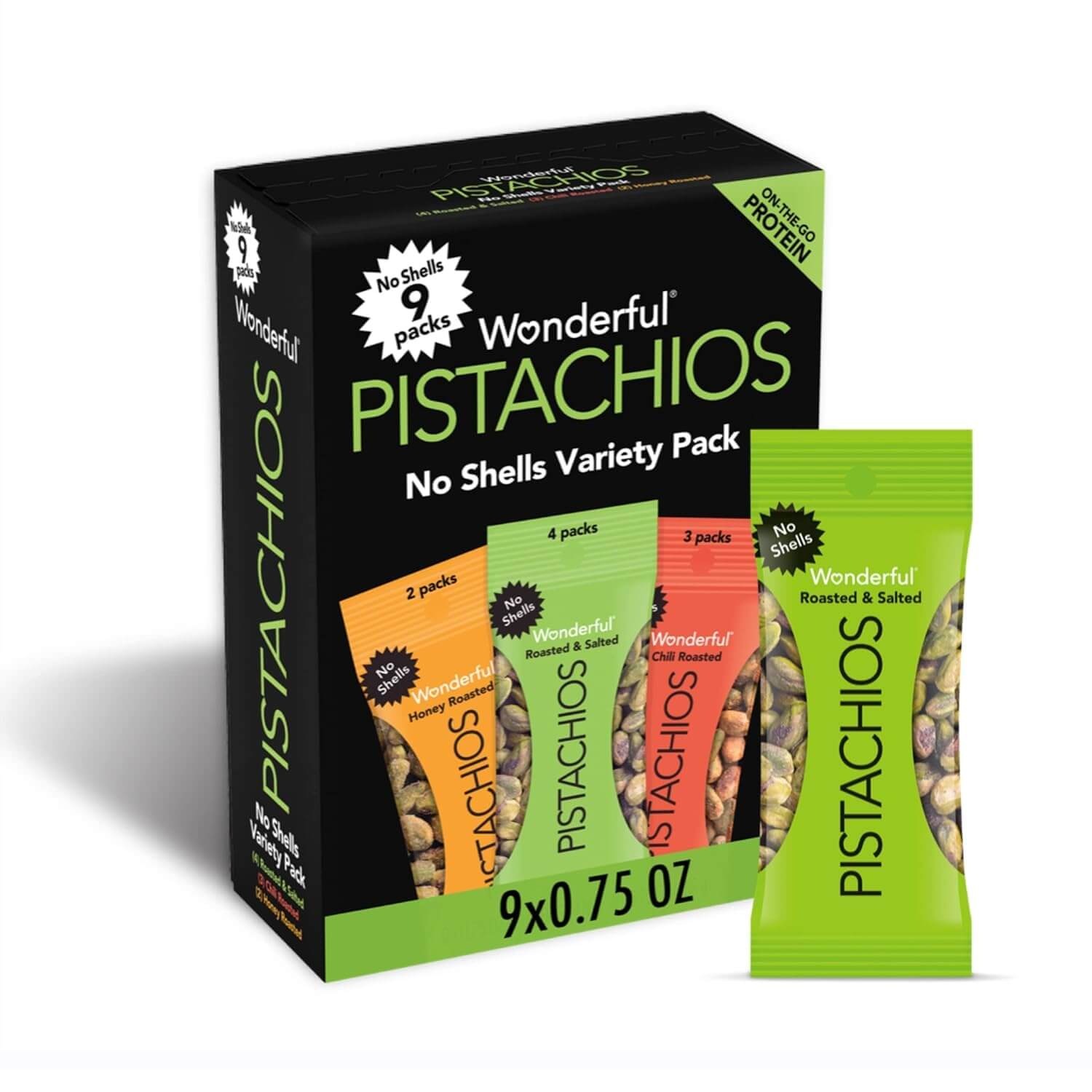 Wonderful Pistachios No Shells, 3 Flavors Mixed Variety Pack of 9 (0.75 Ounce), Roasted &amp; Salted Nuts (4), Chili (3), Honey (2), Protein Snacks, Gluten Free, Pantry Staples, Healthy Snacks Variety Pack for Adults, Stocking Stuffers - Collins Global Snack Store