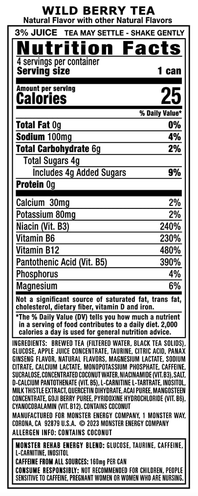 Monster Rehab Peach Tea + Energy, Energy Iced Tea, 15.5 Ounce (Pack of 24) - Collins Global Snack Store