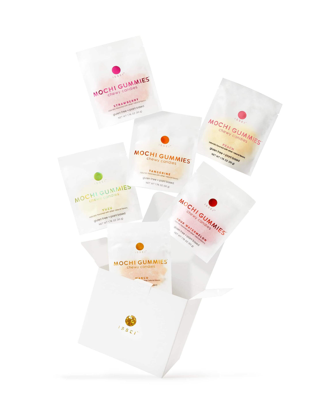 Viral Japanese mochi gummies in individually wrapped 1.76oz packs showcasing vibrant flavors.