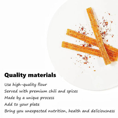 Chinese Spicy Latiao Gluten Strips on a plate highlighting quality ingredients and unique process.