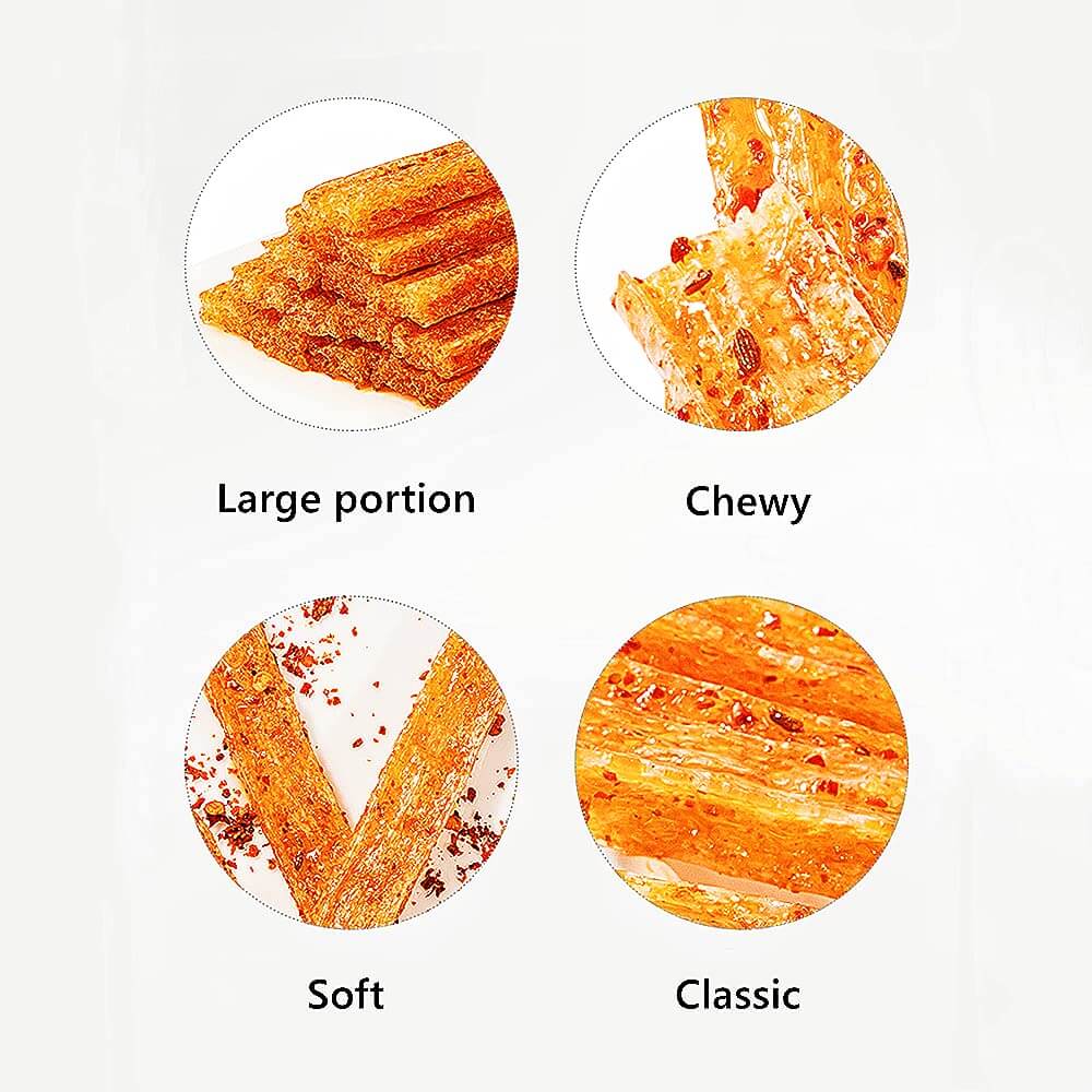 Chinese Spicy Latiao Gluten Strips showcasing large portion, chewy texture, soft feel, and classic flavor.