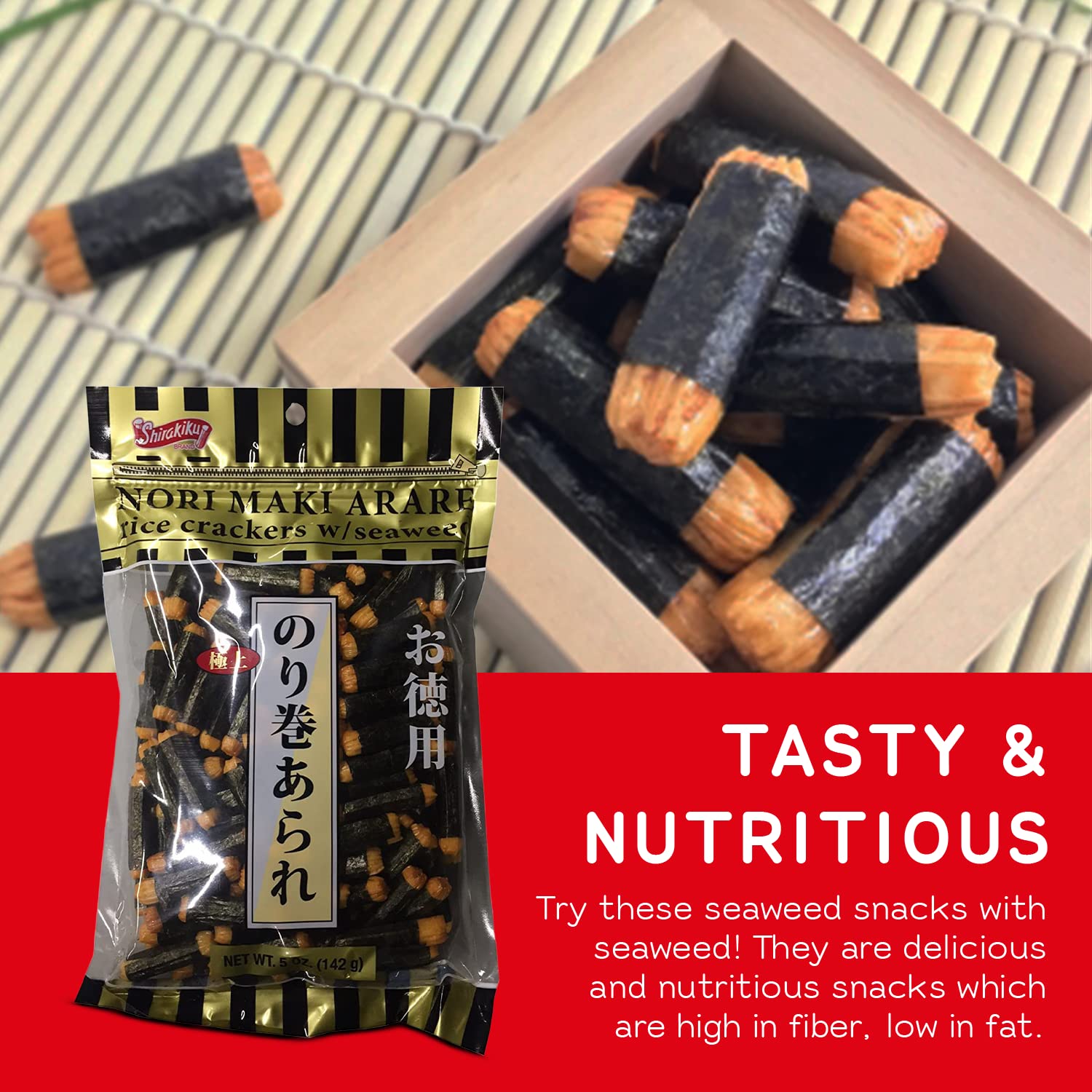 Shirakiku Japanese Nori Maki Arare Rice Crackers with | Glutinous Rice, Soy Sauce, Wheat, and Seaweed | Crispy and Savory Cracker Snacks, Seaweed Flavor, 5 Oz - Collins Global Snack Store