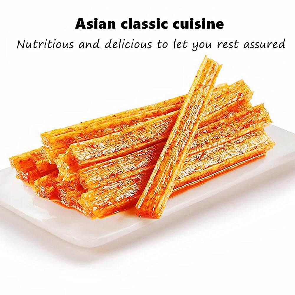 Chinese Spicy Latiao Gluten Strips on a plate, showcasing the chewy and spicy snack popular in Asia. Viral TikTok Chinese Latiao