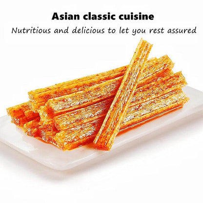 Chinese Spicy Latiao Gluten Strips on a plate, showcasing the chewy and spicy snack popular in Asia. Viral TikTok Chinese Latiao