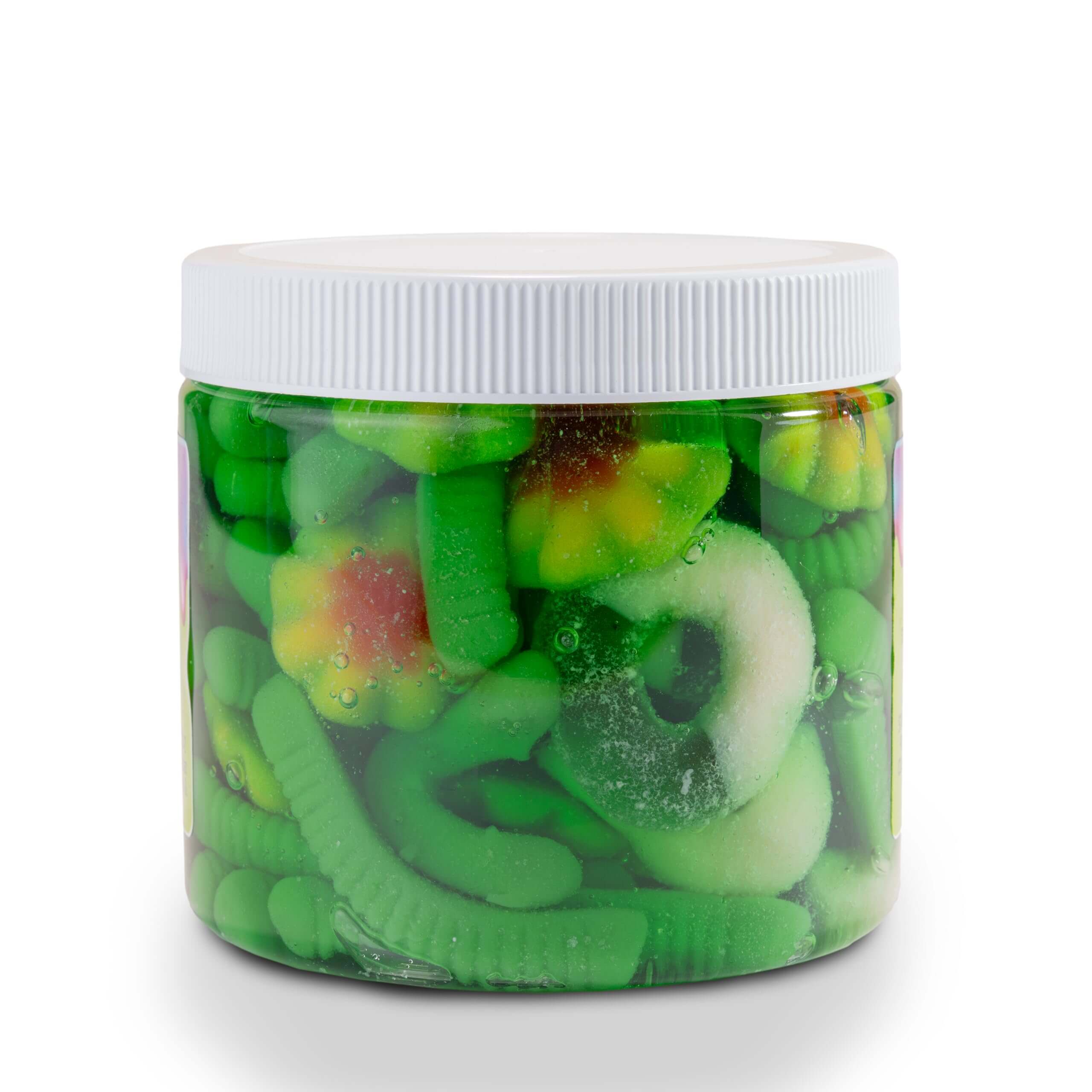 Viral Sour Gooey Gummies in a clear jar, featuring vibrant green and multicolored gummy candies.
