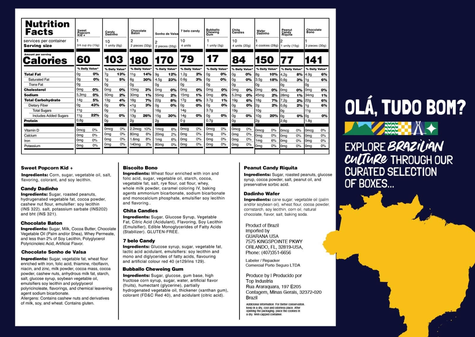 BRAZILIAN CORNER Candy Variety Box | Mixed Cookies, Candies & Chocolates Snack Boxes | Brazilian Treats for Adults, Kids & Teen | Great for Gifts, Home, School, College | 40 Count - Collins Global Snack Store