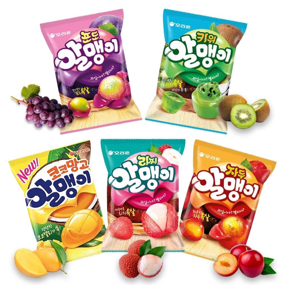 Korean Fruit Jelly Candy – Assorted Chewy Gummy Snacks – 5 Fruity Flavors (Grape, Plum, Lychee, Kiwi, Mango) – Individually Wrapped – Perfect for Kids & Adults – 알맹이젤리 (5 Flavor Mix–2.4oz(67g) × 5pack) - Collins Global Snack Store