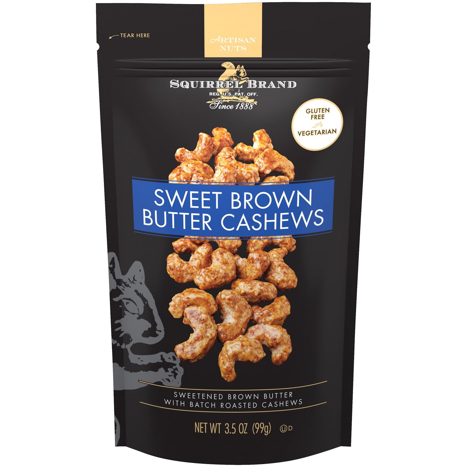 Squirrel Brand Sweet Brown Butter Cashews, 3.5 Ounces Resealable Bag, Gluten Free, Vegetarian - Collins Global Snack Store