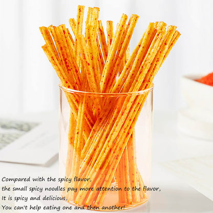 Chinese Spicy Latiao Gluten Strips in a clear glass container, showcasing their vibrant color and crunchy texture.