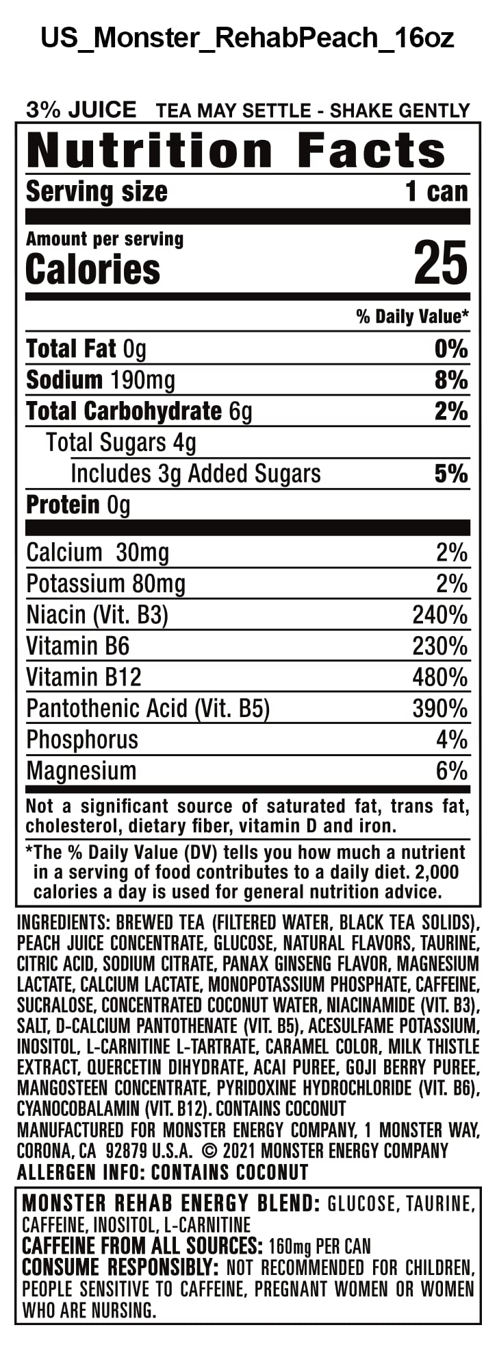 Monster Rehab Peach Tea + Energy, Energy Iced Tea, 15.5 Ounce (Pack of 24) - Collins Global Snack Store