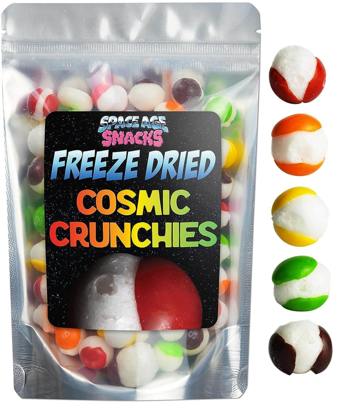 Cosmic Crunchies Freeze-Dried Candy in a colorful pouch with various shapes and colors of candy on display.