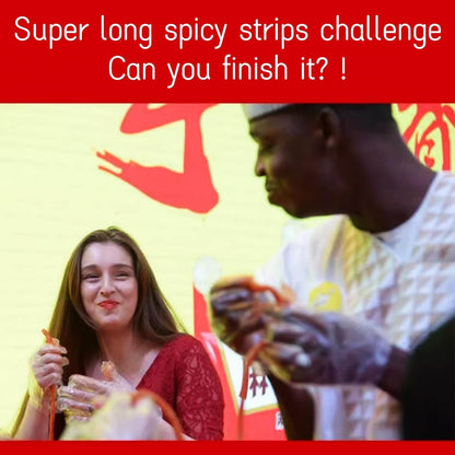 Two participants in a spicy strips challenge enjoying Chinese Spicy Latiao Gluten Strips.