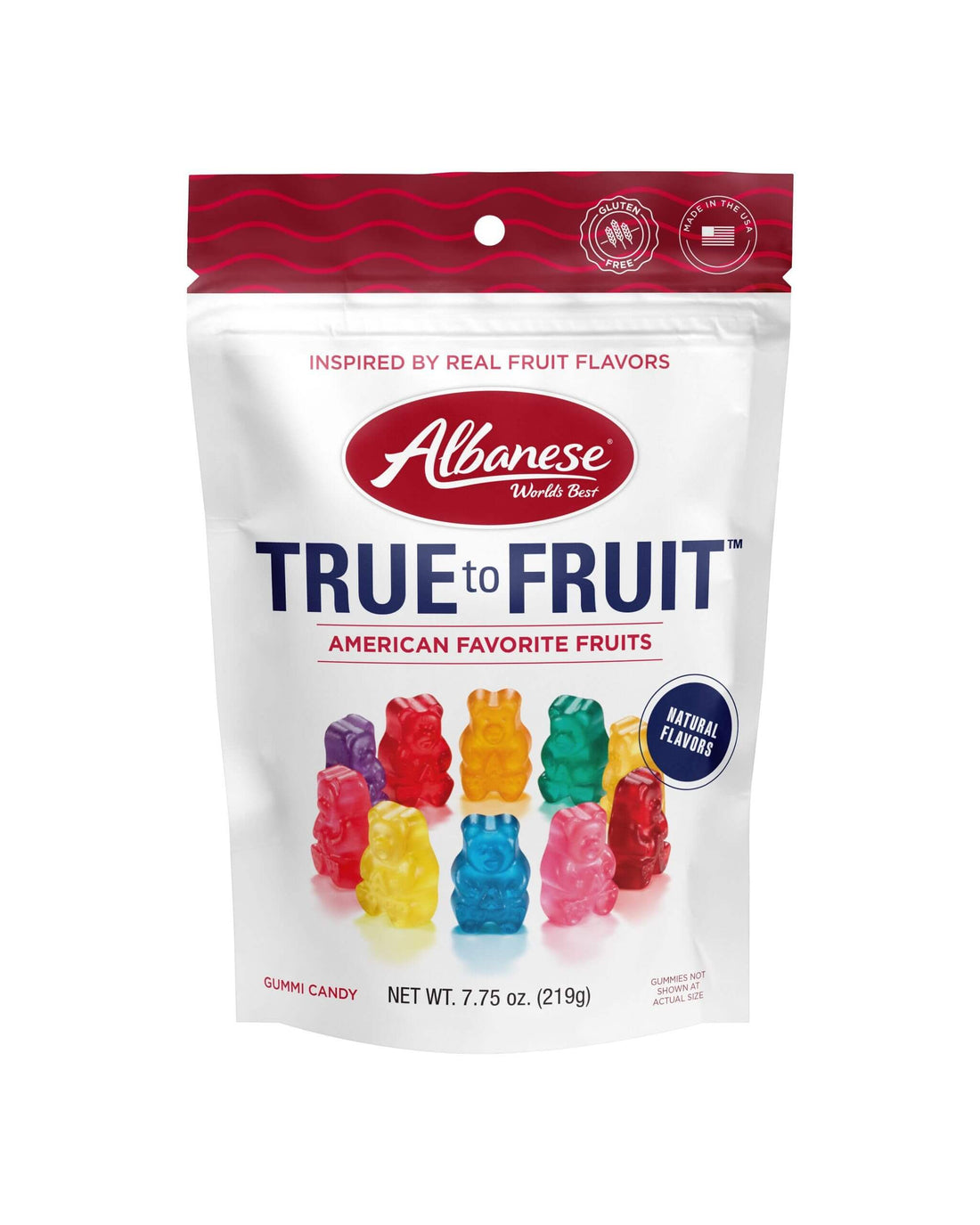 Albanese Gummy Bears in a 7.75oz bag showcasing colorful gummy candy inspired by real fruit flavors.