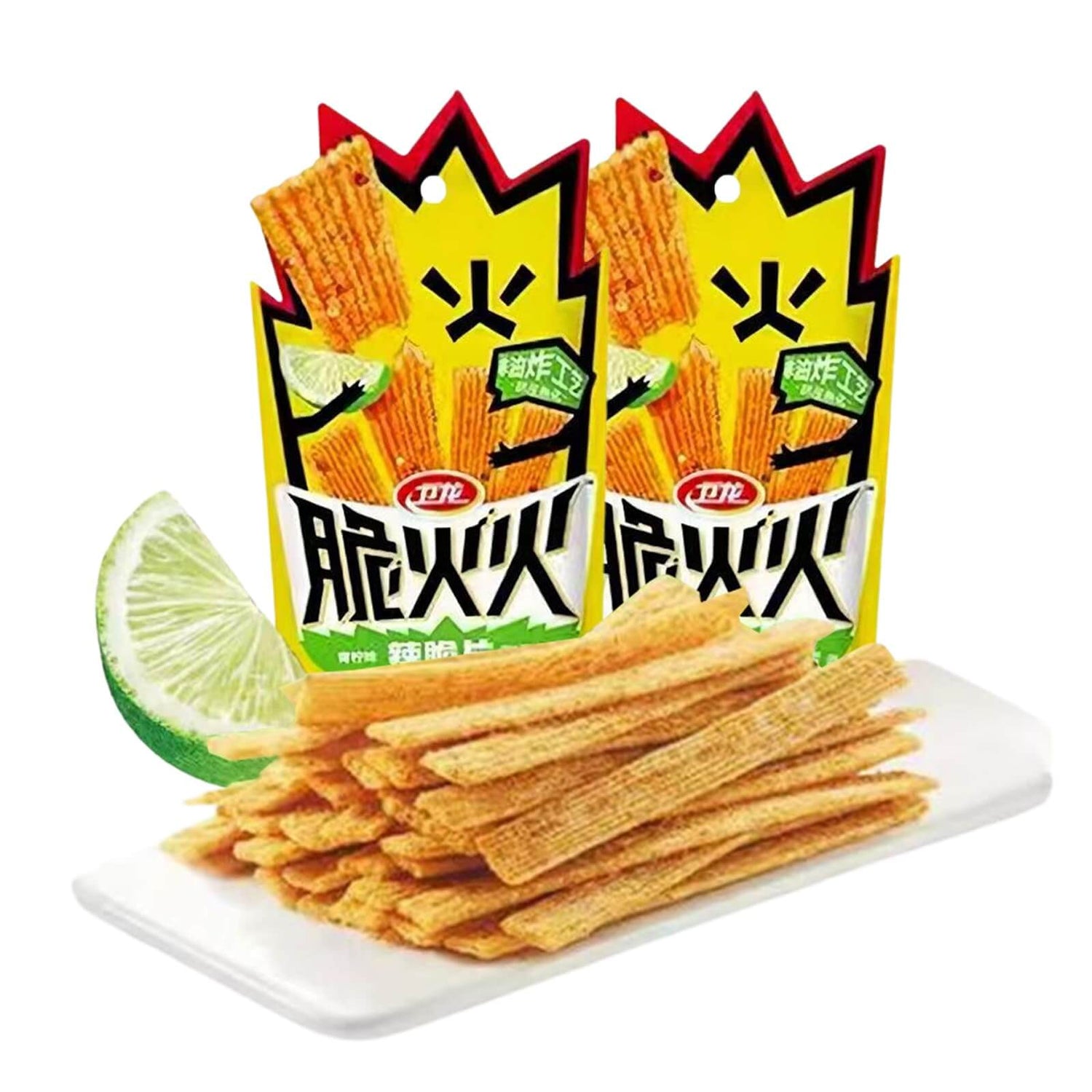 Chinese Spicy Latiao Gluten Strips in vibrant packaging with lime slice on a plate.