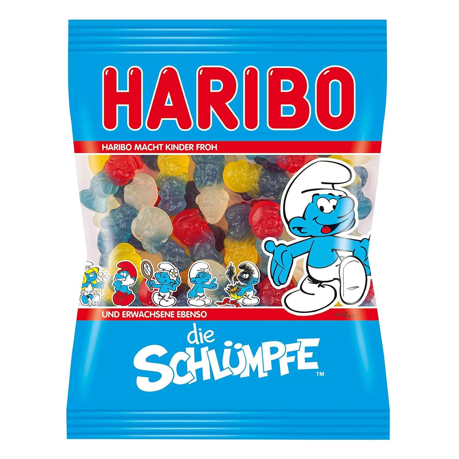 German Gummy Candy 5LB bag featuring Haribo gummy candies with colorful fruit flavors and Smurfs characters.
