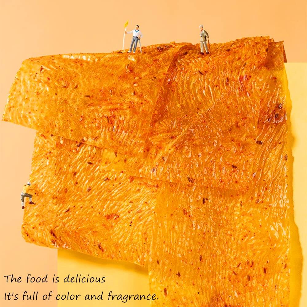 Chinese Spicy Latiao Gluten Strips with miniature figures showcasing its vibrant color and texture.