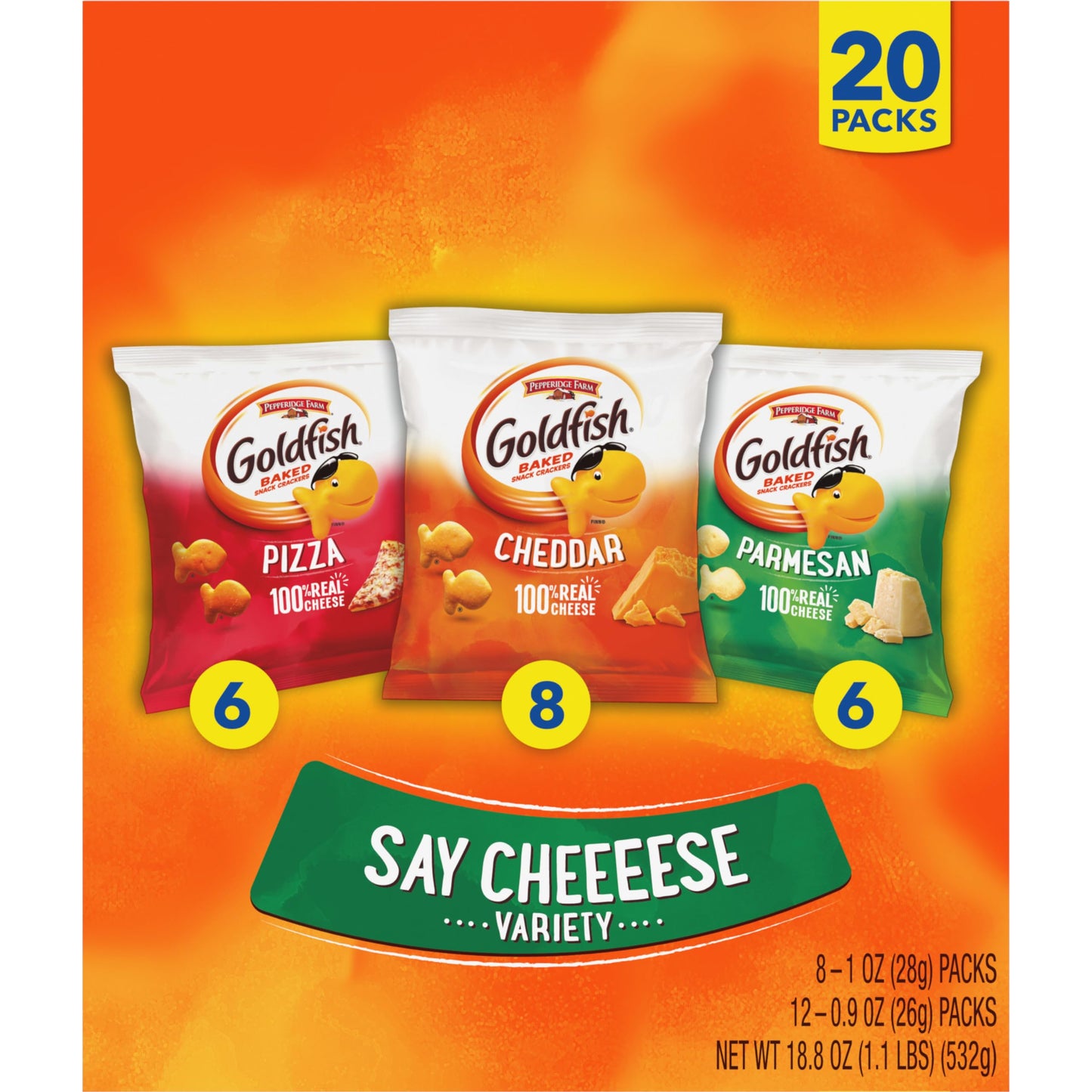 Goldfish Crackers Big Smiles Variety Pack with Cheddar, Colors, and Pretzels, Snack Packs, 30 Ct