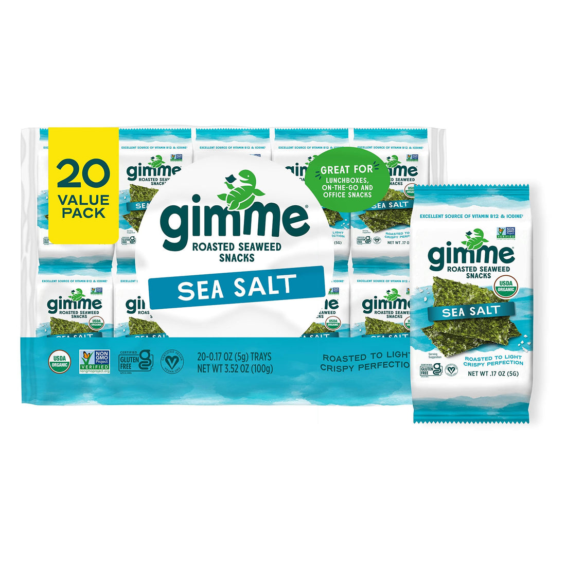 gimMe Organic Roasted Seaweed Sheets, Sea Salt, Keto, Vegan, Gluten Free, Great Source of Iodine and Omega 3’s, Healthy On-The-Go Snack for Kids &amp; Adults, 