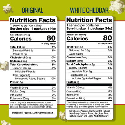 Nutrition facts for SkinnyPop Family Favorite Variety Pack showing Original and White Cheddar flavors.