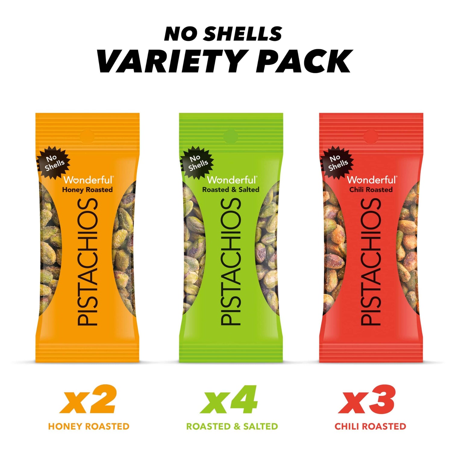 Wonderful Pistachios No Shells, 3 Flavors Mixed Variety Pack of 9 (0.75 Ounce), Roasted &amp; Salted Nuts (4), Chili (3), Honey (2), Protein Snacks, Gluten Free, Pantry Staples, Healthy Snacks Variety Pack for Adults, Stocking Stuffers - Collins Global Snack Store