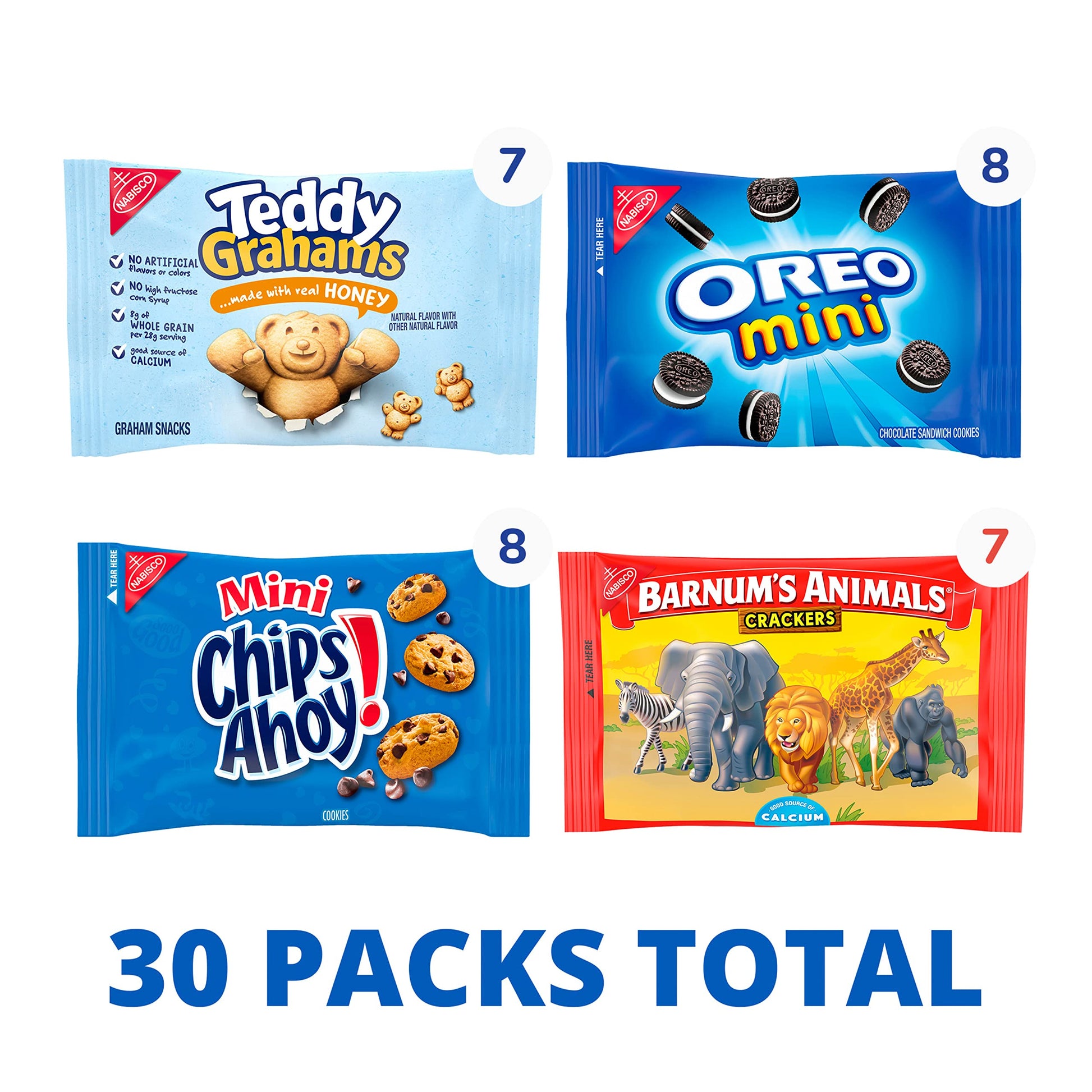Nabisco Team Favorites Variety Pack, OREO Mini, CHIPS AHOY! Mini, Teddy Grahams Honey & Barnum's Animal Crackers, School Snacks, 30 Snack Packs - Collins Global Snack Store