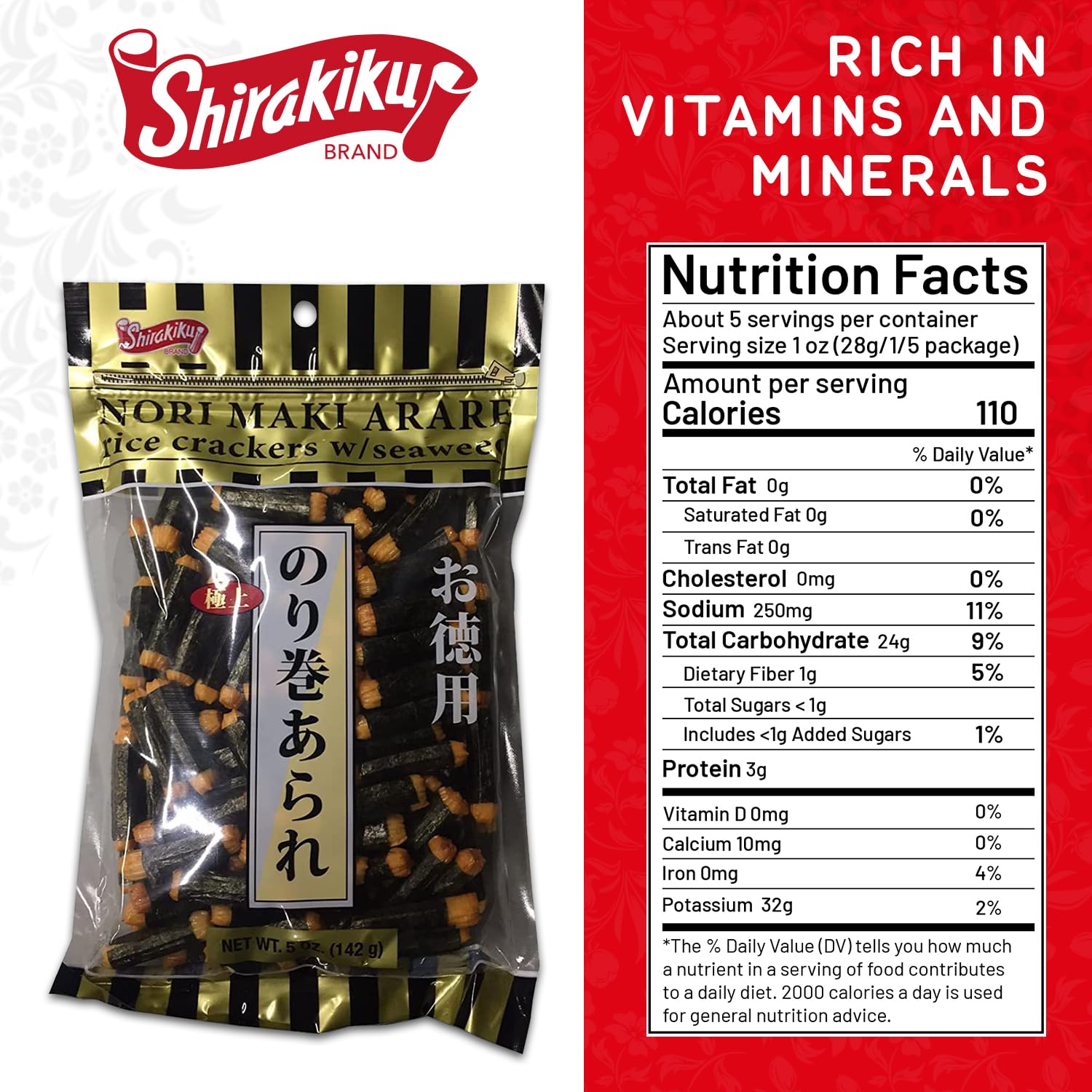 Shirakiku Japanese Nori Maki Arare Rice Crackers with | Glutinous Rice, Soy Sauce, Wheat, and Seaweed | Crispy and Savory Cracker Snacks, Seaweed Flavor, 5 Oz - Collins Global Snack Store