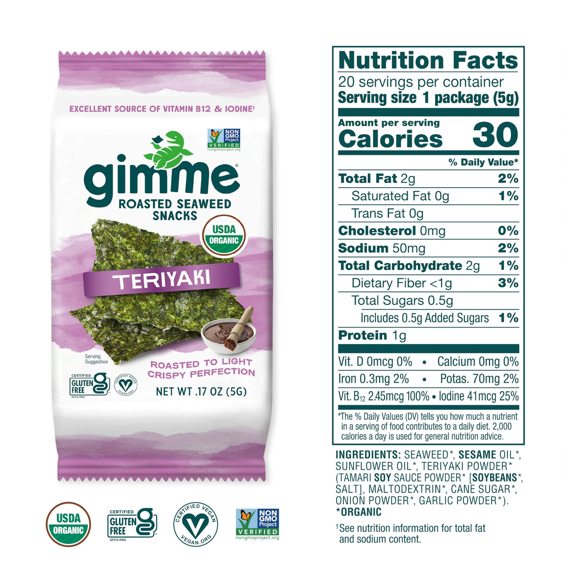 gimMe Organic Roasted Seaweed Sheets, Sea Salt, Keto, Vegan, Gluten Free, Great Source of Iodine and Omega 3’s, Healthy On-The-Go Snack for Kids & Adults, #1 Sea Salt, 0.17 Ounce (Pack of 20) - Collins Global Snack Store