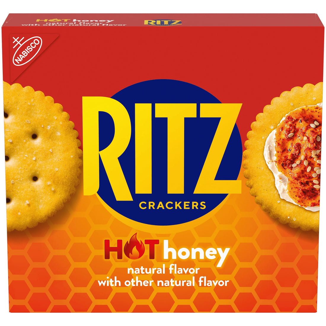 RITZ Hot Honey Crackers box featuring sweet and spicy flavor with buttery crackers and natural ingredients.