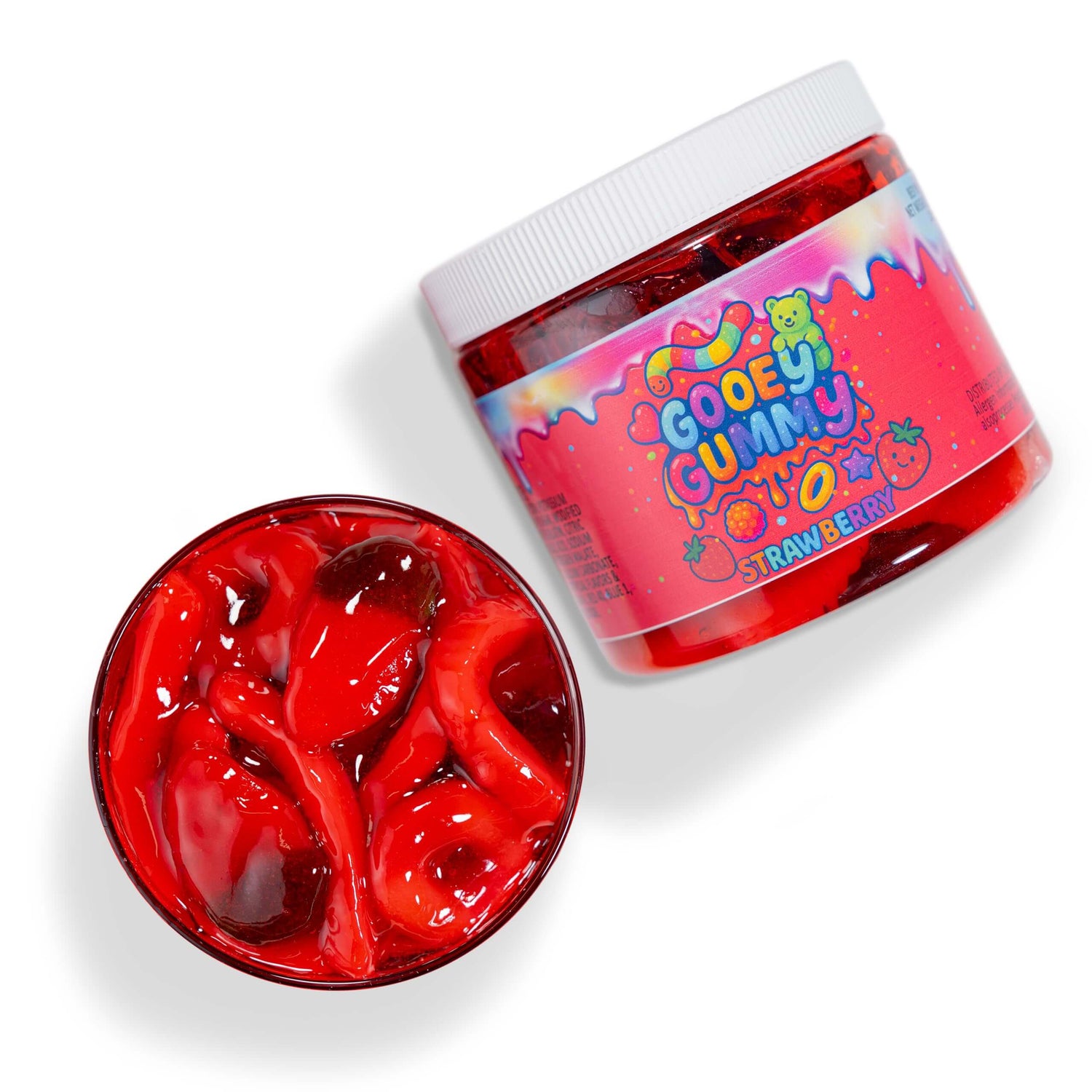 Viral Sour Gooey Gummies in a strawberry flavor jar with red gummy candies inside, showcasing the fun texture and design.