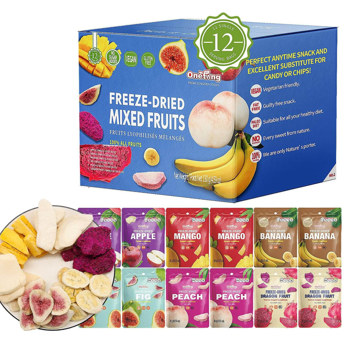 ONETANG Freeze-Dried Mixed Fruit, 12 Pack Single-Serve Pack, Non GMO, Kosher, No Add Sugar, Gluten free, Vegan, Holiday Gifts, Healthy Snack 0.35 Ounce - Collins Global Snack Store
