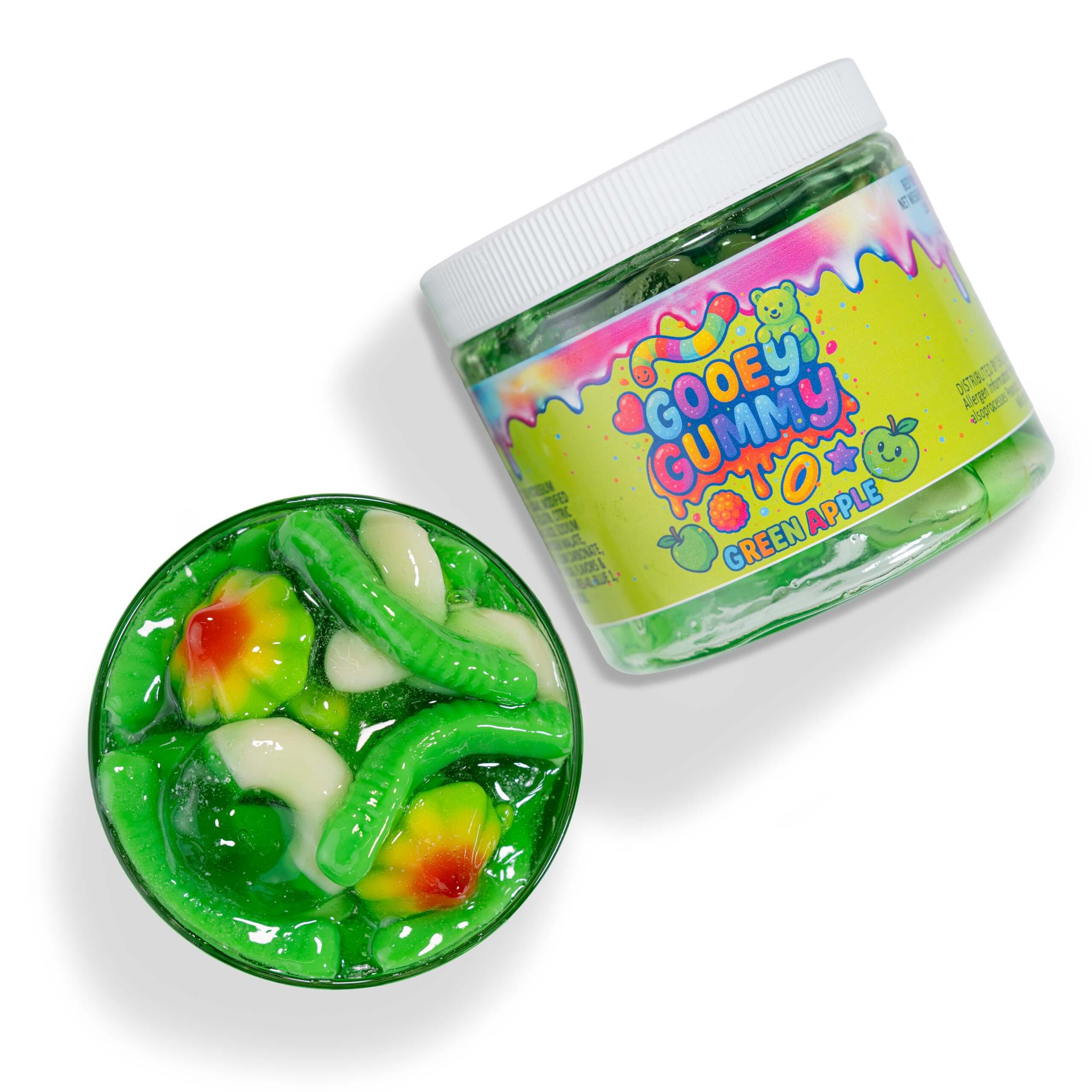 Viral Sour Gooey gummies jar featuring green apple flavor with gummy worms and fruits on a round dish.