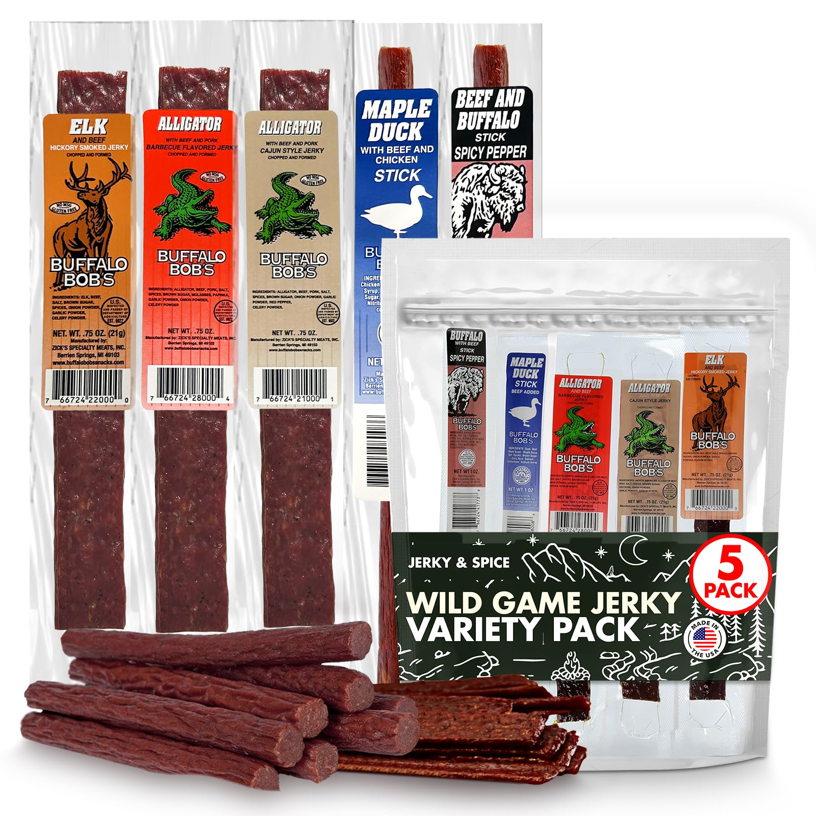 Wild Game Meat Snacks (5 Pack) Exotic Variety Assortment Sampler, HIgh Protein, Gift for Men/Dad, Stocking Stuffer, Adventure Enthusiast, Unique Snacks - Collins Global Snack Store
