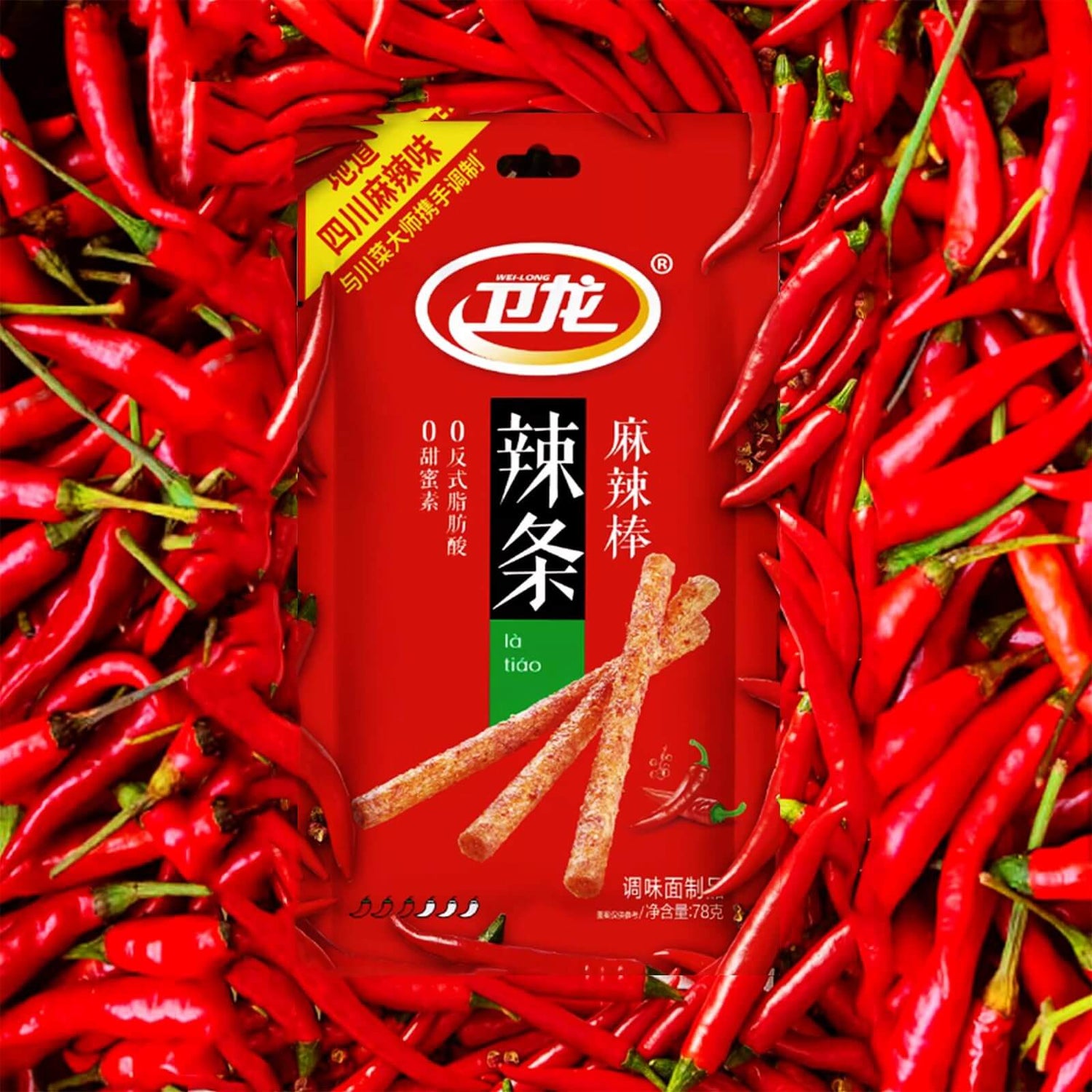 Chinese Spicy Latiao Gluten Strips packaging with red chili peppers background