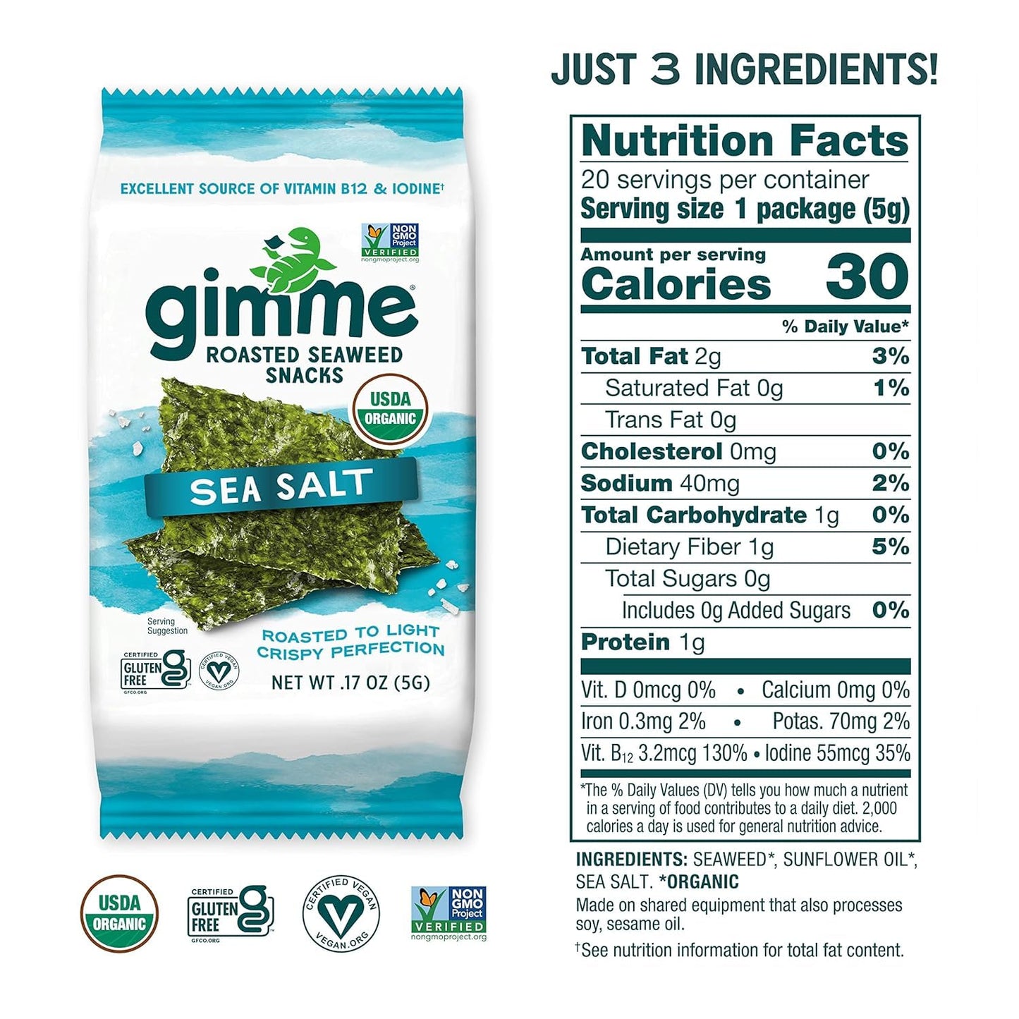 gimMe Organic Roasted Seaweed Sheets, Sea Salt, Keto, Vegan, Gluten Free, Great Source of Iodine and Omega 3’s, Healthy On-The-Go Snack for Kids & Adults, #1 Sea Salt, 0.17 Ounce (Pack of 20) - Collins Global Snack Store