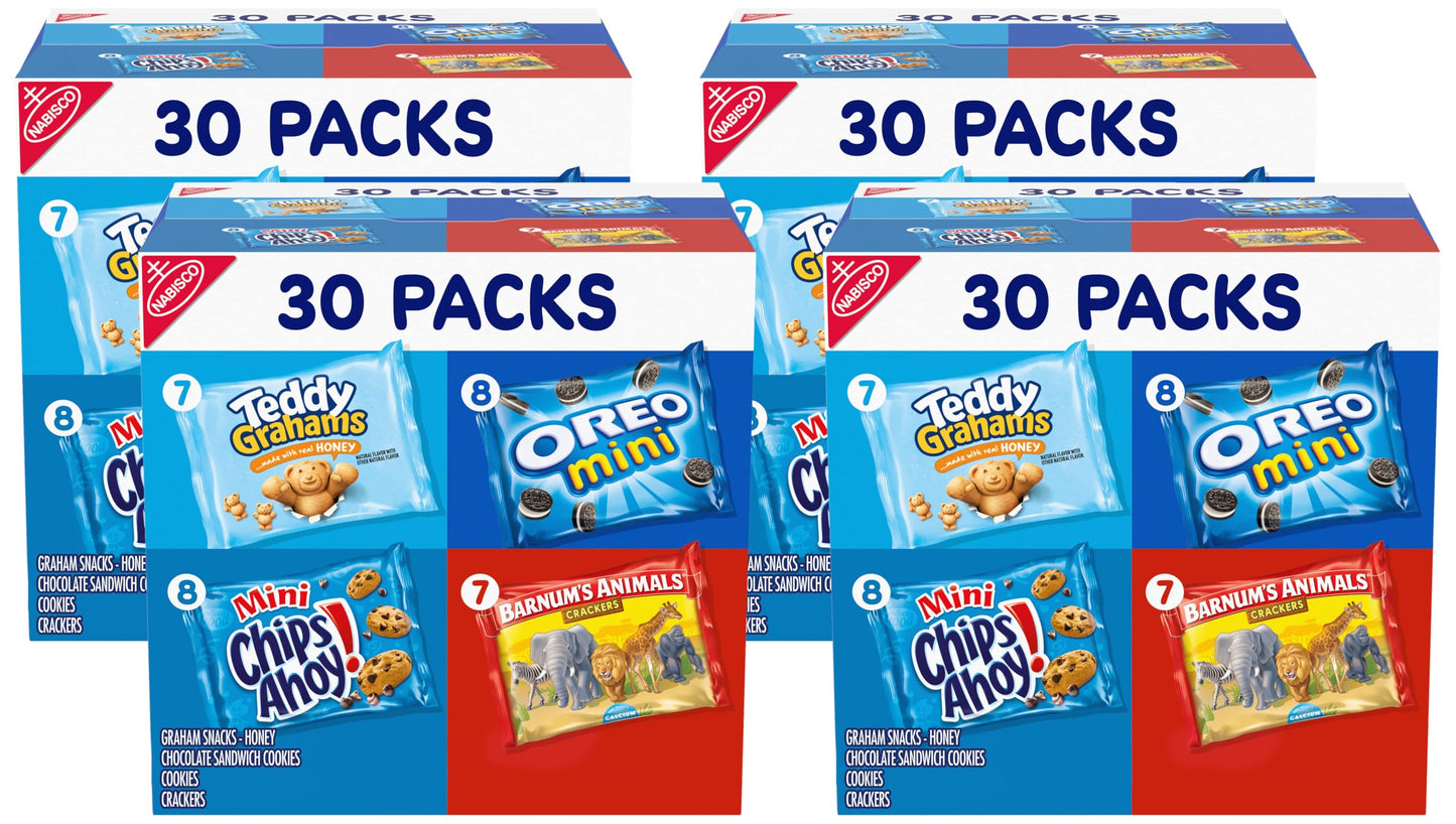 Nabisco Team Favorites Variety Pack, OREO Mini, CHIPS AHOY! Mini, Teddy Grahams Honey & Barnum's Animal Crackers, School Snacks, 30 Snack Packs - Collins Global Snack Store