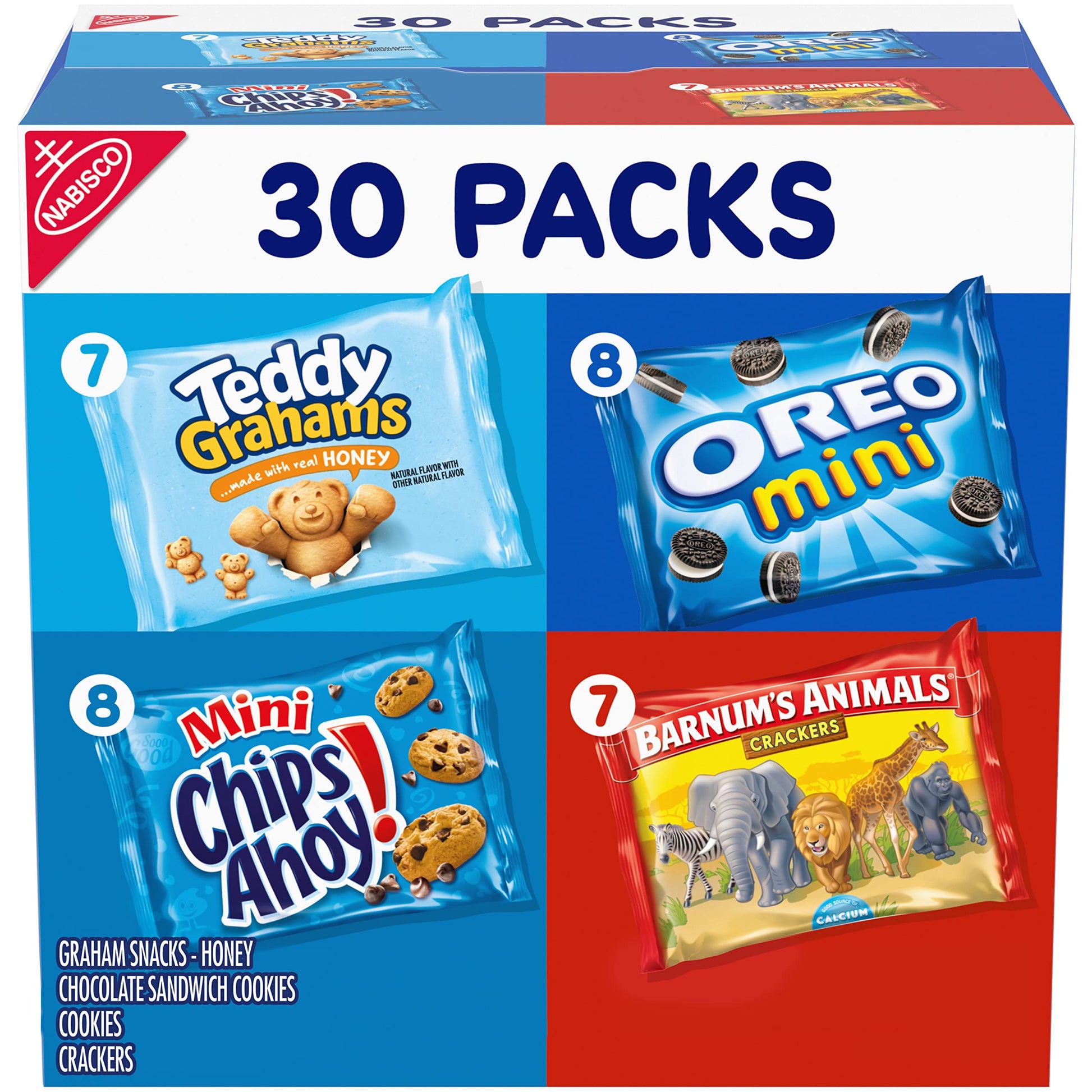 Nabisco Team Favorites Variety Pack, OREO Mini, CHIPS AHOY! Mini, Teddy Grahams Honey & Barnum's Animal Crackers, School Snacks, 30 Snack Packs - Collins Global Snack Store