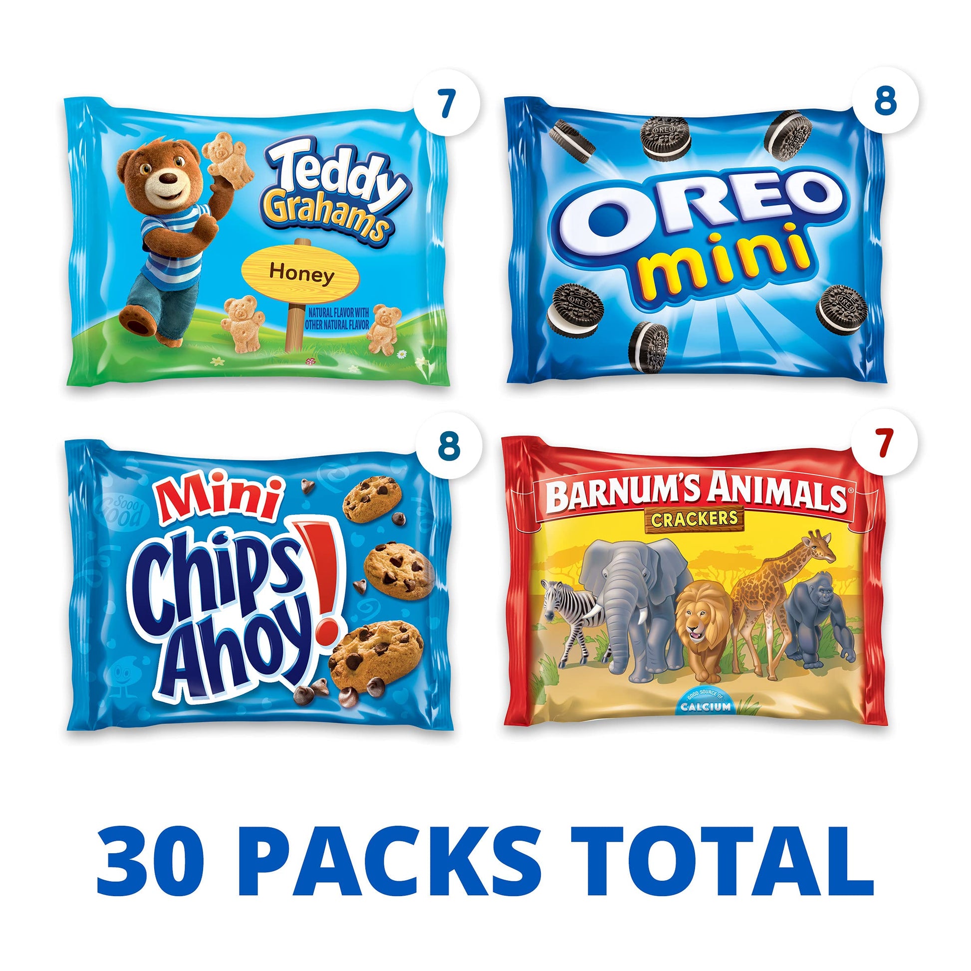 Nabisco Team Favorites Variety Pack, OREO Mini, CHIPS AHOY! Mini, Teddy Grahams Honey & Barnum's Animal Crackers, School Snacks, 30 Snack Packs - Collins Global Snack Store
