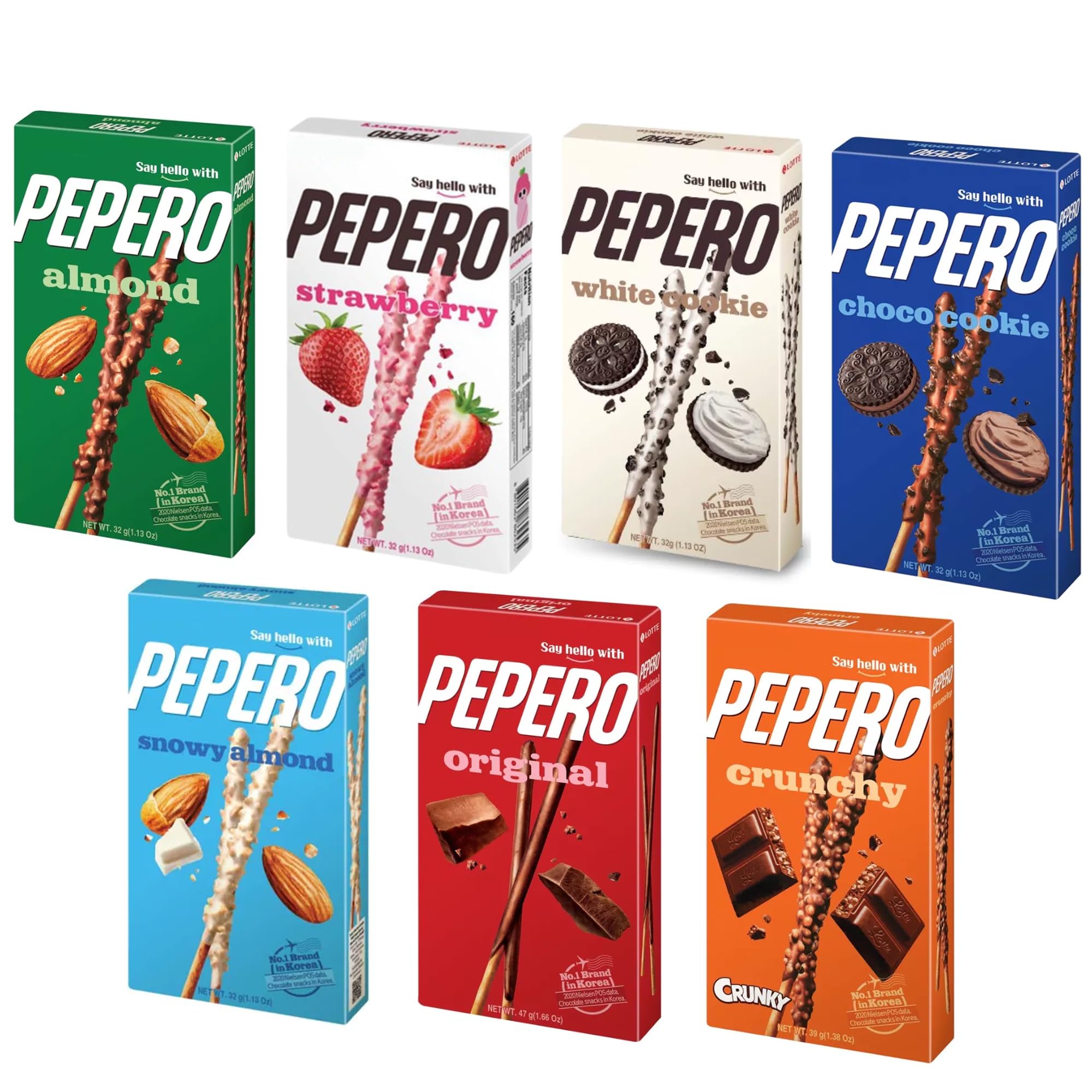 Viral Hot Korean Pepero assorted boxes featuring almond, strawberry, white cookie, chococookie, snowy almond, original, and crunchy.