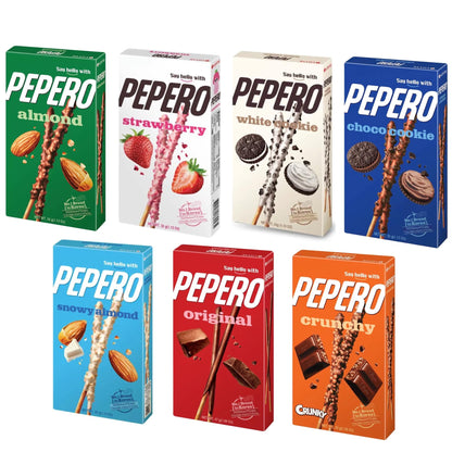 Viral Hot Korean Pepero assorted boxes featuring almond, strawberry, white cookie, chococookie, snowy almond, original, and crunchy.