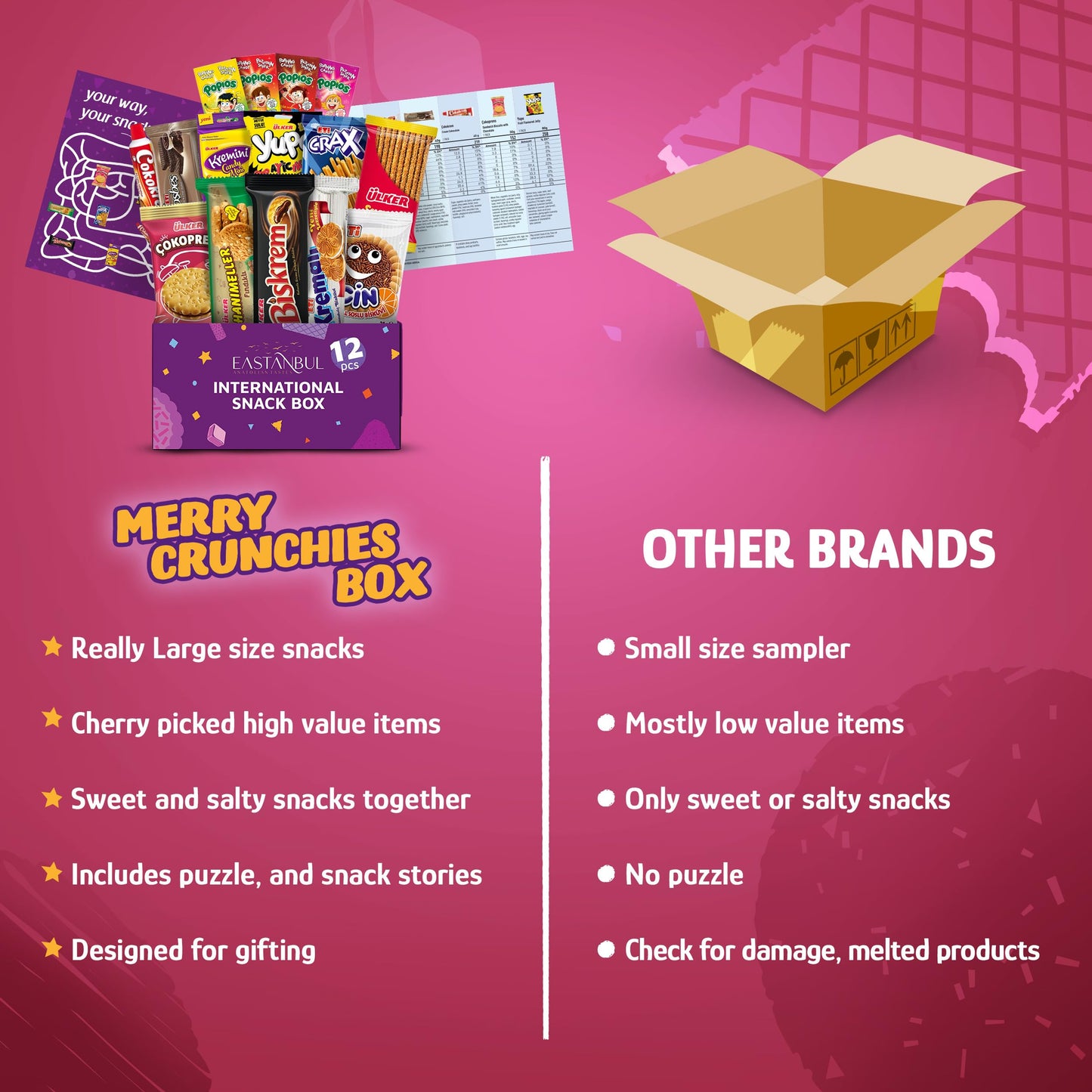 Eastanbul International Snack Box, Premium 12 Full-Size Foreign Snack Box, From Around The World International, Sweet, Savory, Chewy, Crunchy - Collins Global Snack Store