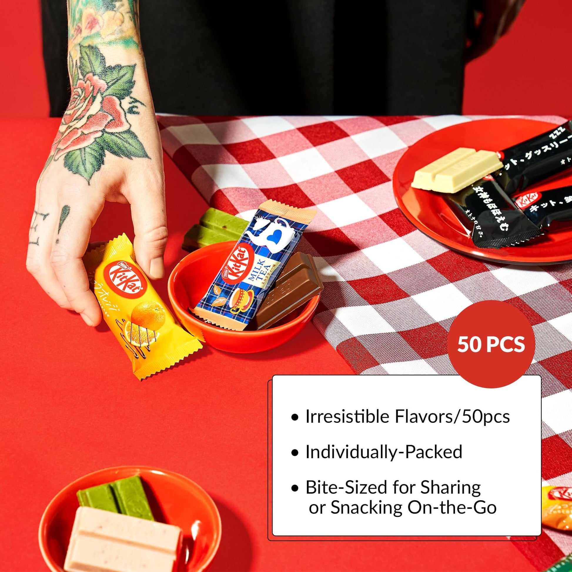 Japan Crate Japanese KitKat Variety Pack - 50-Piece Chocolate Snack Size Sampler Box with 6 Unique Flavors - Mont Blanc, Orange, Milk Tea, and More, Individually Wrapped Choco Minis - Collins Global Snack Store