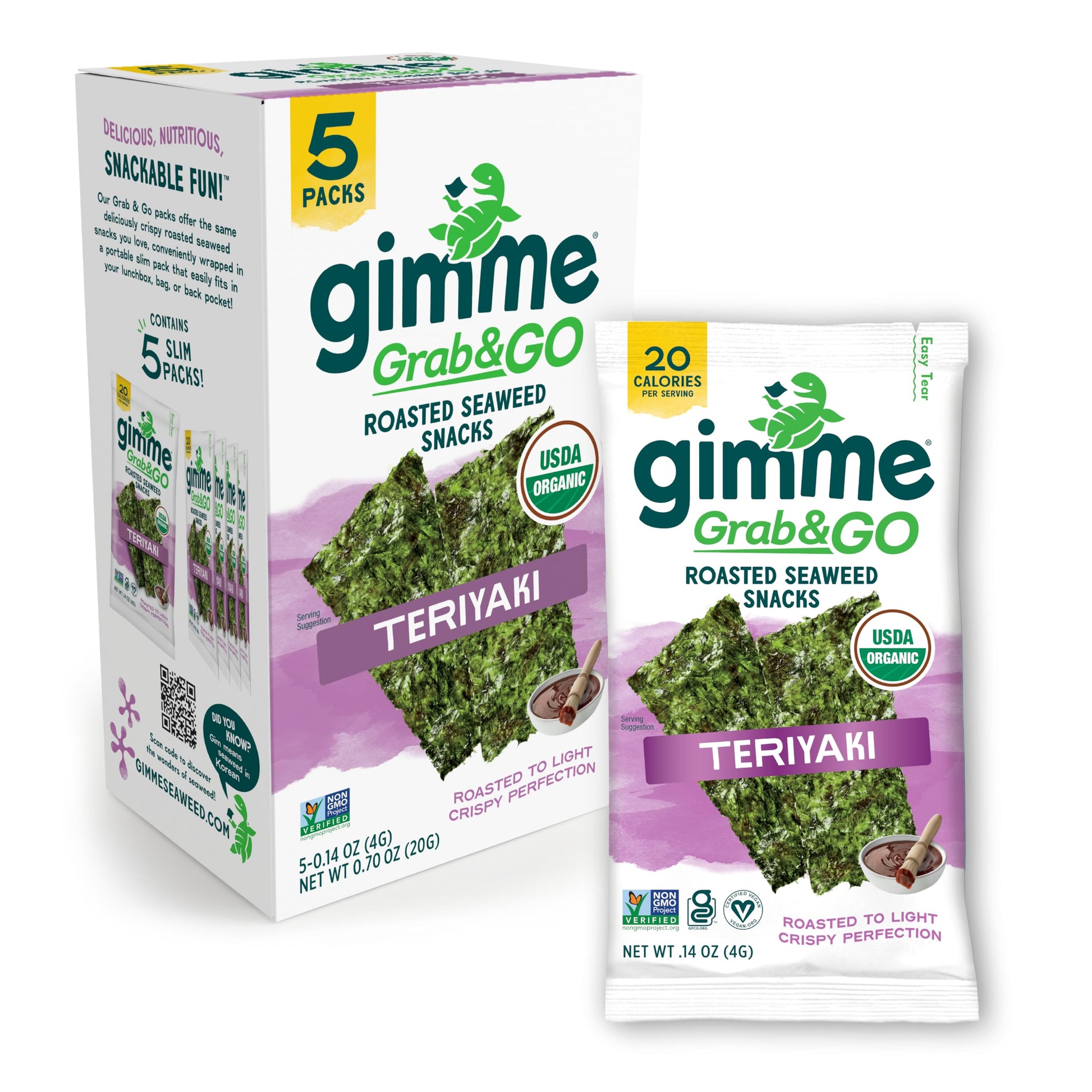 Gimme Seaweed Grab & Go Organic Premium Roasted Seaweed Snacks, Sea Salt & Avocado Oil, 5 Count Trayless, Keto, Vegan, Gluten-Free, Source of Omega3s, Healthy On-The-Go Snack for Kids & Adults - Collins Global Snack Store