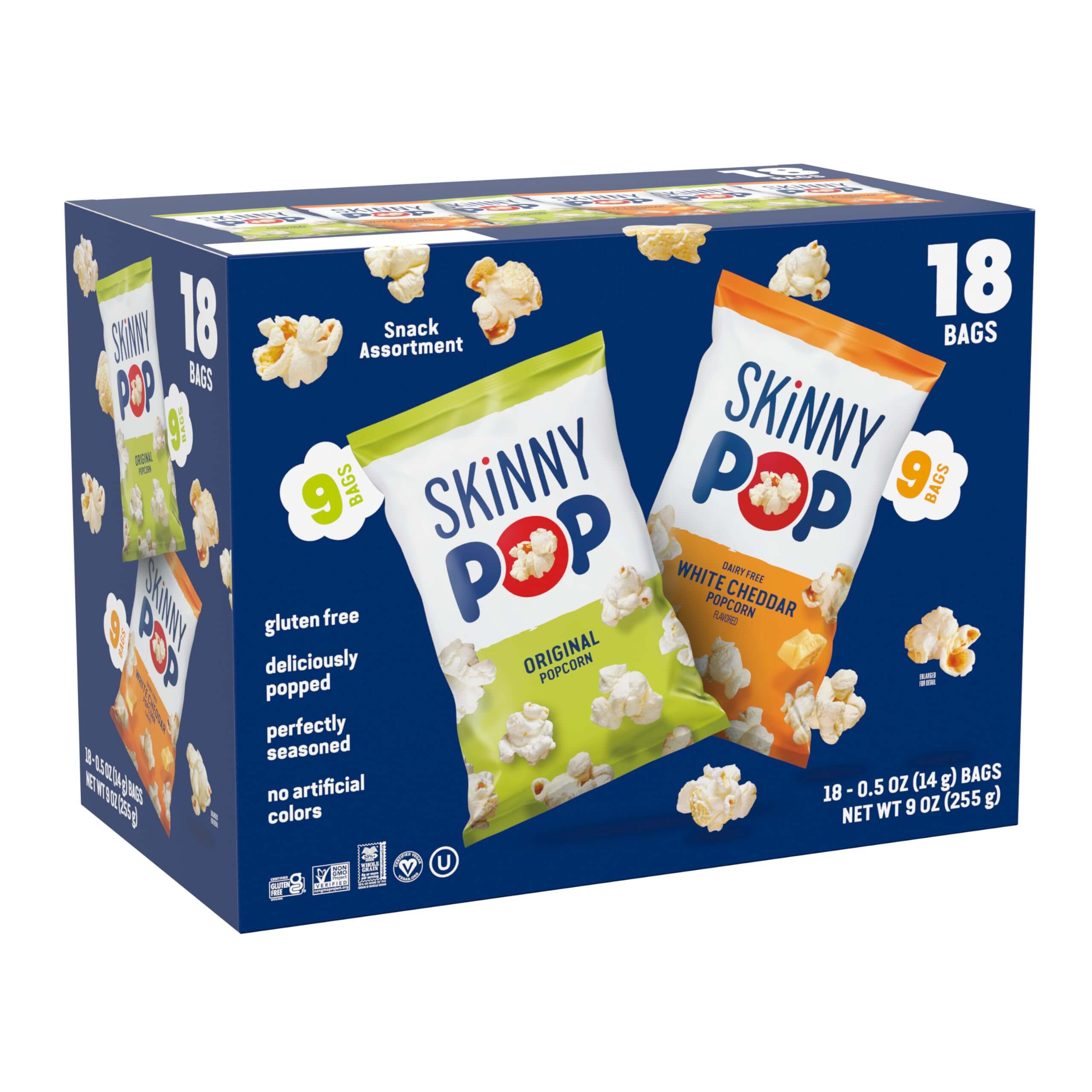 SkinnyPop Family Favorite Variety Pack – Snack assortment with original and white cheddar popcorn bags.