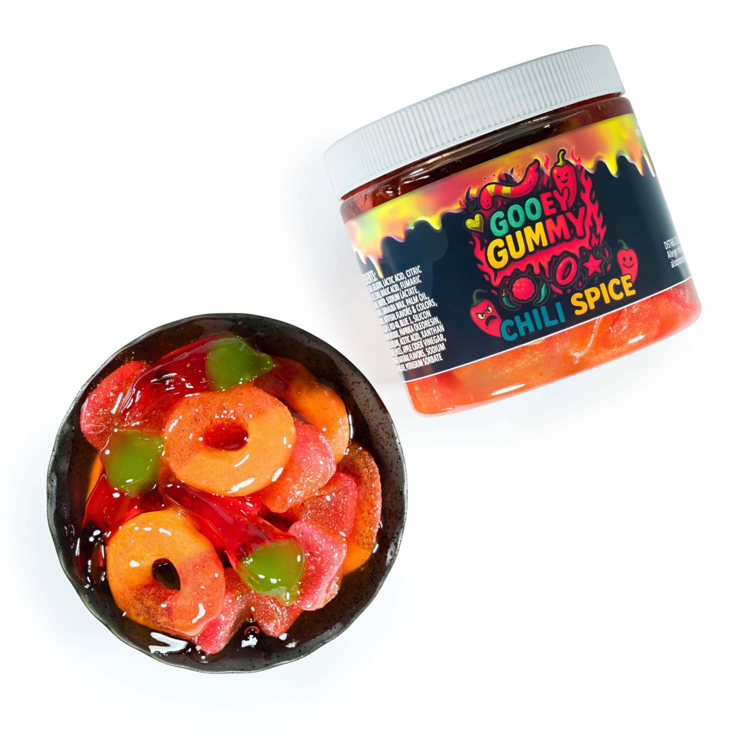 Viral Sour Gooey Gummies in chili spice flavor displayed in a bowl with jar in background, vibrant colors and texture.